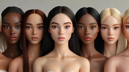 Six women with different skin tones stand side by side, looking directly at the camera