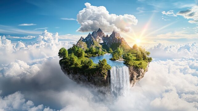 Enchanted Floating Island with Waterfalls and Sky