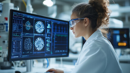 A focused scientist analyzes complex data on computer screen in modern laboratory, showcasing advanced technology and research