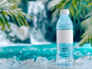 A mockup of a plastic water bottle with a blank label, placed in front of a background of flowing water,