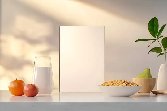A mockup of a cereal box with a blank front panel, placed in a kitchen setting with a bowl of cereal and milk beside it