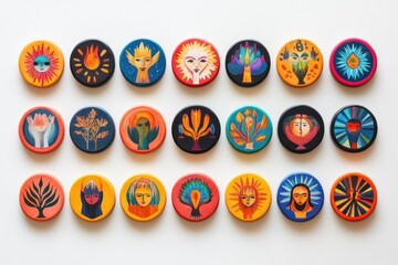 A collection of 21 round, painted, colorful, mystical symbols arranged in a row on a white background.