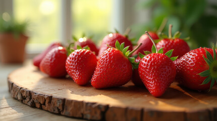 Fresh strawberries beautifully arranged on a wooden cutting board in sunlight