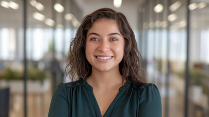 A young Latina woman with curly hair smiles confidently in a modern office setting, creating a warm and approachable atmosphere.