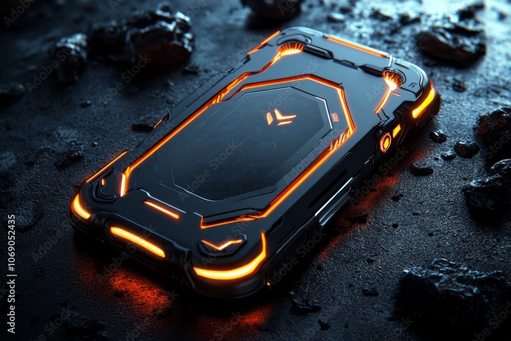 Poster a futuristic phone case with neon light accents and a holographic surface, symbolizing a high-tech d