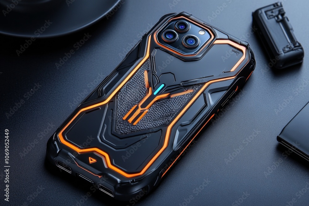 Poster a futuristic phone case with neon light accents and a holographic surface, symbolizing a high-tech d
