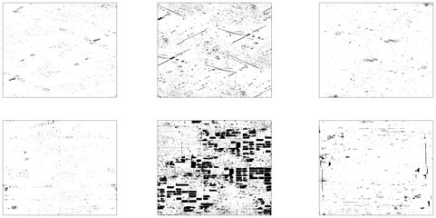 Grunge overlay textures with dust grain isolated on white background. Set of vector paint brush stroke, ink splash and grungy decoration elements for social