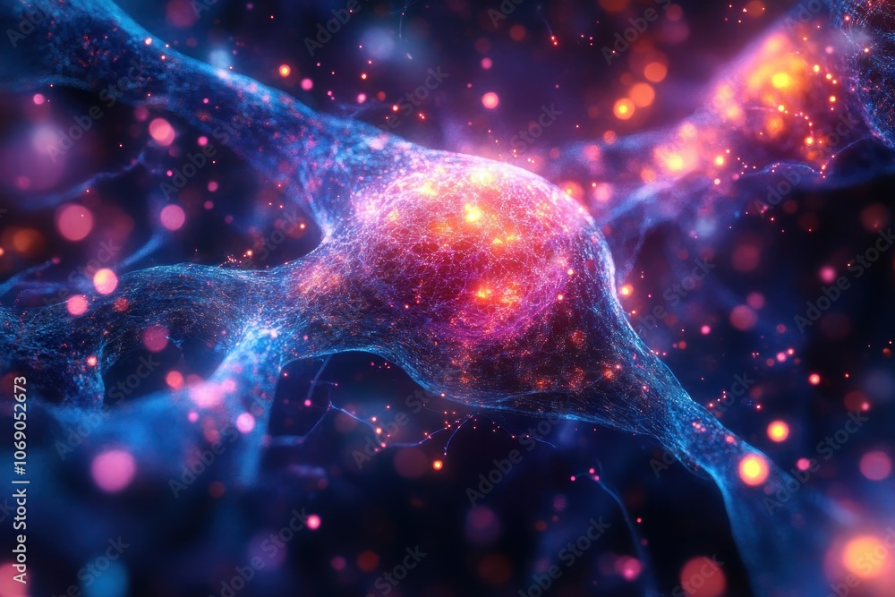 Poster a glowing neuron with a complex network of dendrites, synapses, and axons, representing the intricat