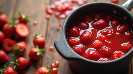 Strawberries boiling in a pot to create homemade jam on a rustic wooden table