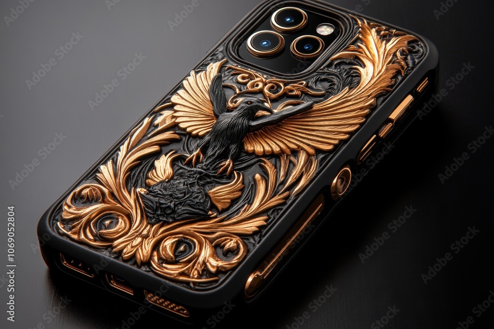 Poster a gothic-inspired phone case with intricate patterns of skulls and ravens, set against a deep, dark 