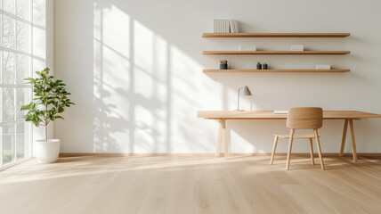 A bright and airy home office featuring wooden desk, chair, and potted plant. sunlight casts beautiful shadows on floor, creating serene and inviting workspace