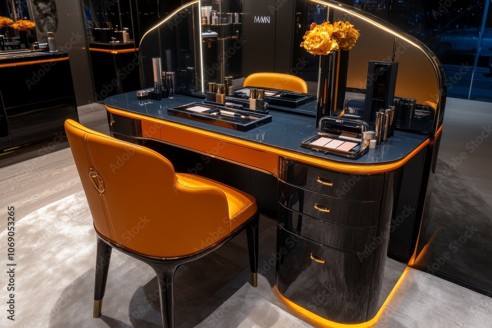 Poster a high-tech vanity with holographic displays of skincare routines and virtual try-on makeup, showing