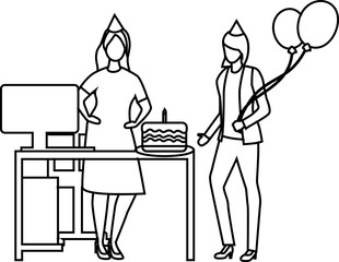 Outline of Birthday Office  Celebration with Cake and Balloons