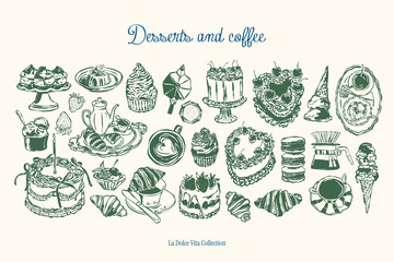 Minimal hand drawn dessert and coffee vector illustration collection. Art for greeting cards, wedding invitations, poster design, postcards, branding, logo design, background. Matisse style doodles.