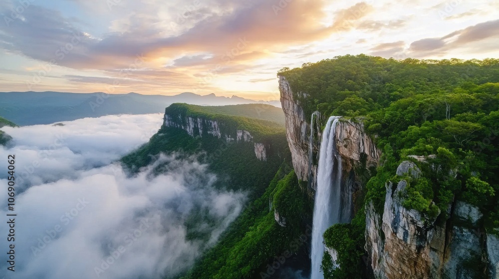 Poster majestic waterfall cascading from floating cliffs
