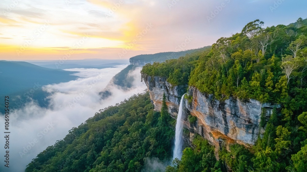 Poster majestic waterfall cascading from floating cliffs