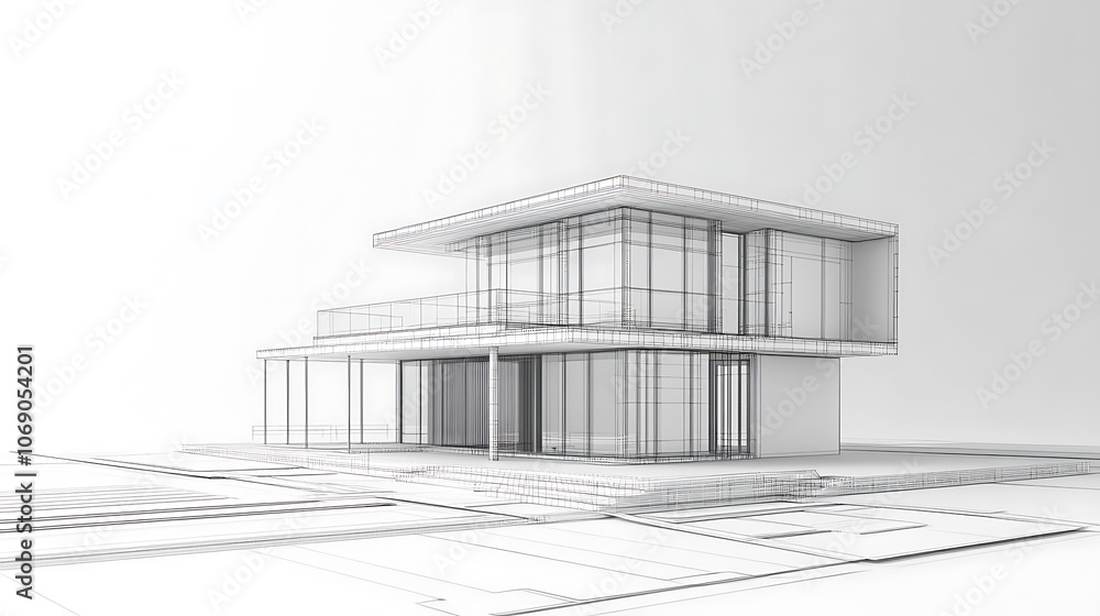 Fototapete abstract architecture background blueprint house plan and wire frame model of building