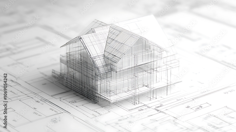 Fototapete abstract architecture background blueprint house plan and wire frame model of building