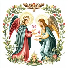 Annunciation with March 25 date, traditional religious symbols, festival-inspired design, isolated on white background