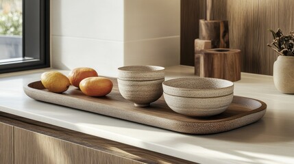 Wooden Tray with Ceramic Bowls and Fruit on a Countertop