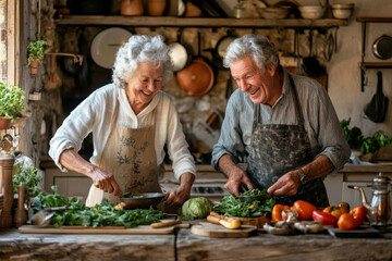 Joyful elderly couple cooking together in rustic kitchen, surrounded by fresh vegetables and herbs. Their laughter and teamwork create warm, inviting atmosphere