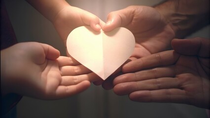 Obraz premium Hands holding paper heart shape for World Kindness day, family cutout, world mental health day