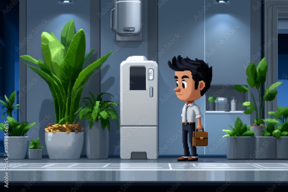 Poster a pixel art character in office attire, with a tiny briefcase and dress shoes, creating a playful an