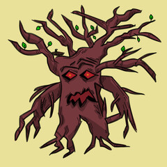 Vector fantasy illustration of angry tree. Walking angry tree with eyes and mouth. A few leaves on the branches and a nest with a small bird. Fantasy tree nature hand drawn character, cartoon.