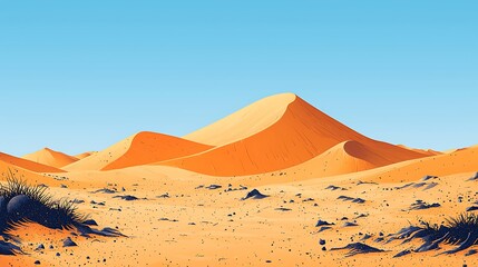 A vast, sandy desert landscape with rolling dunes under a clear blue sky.