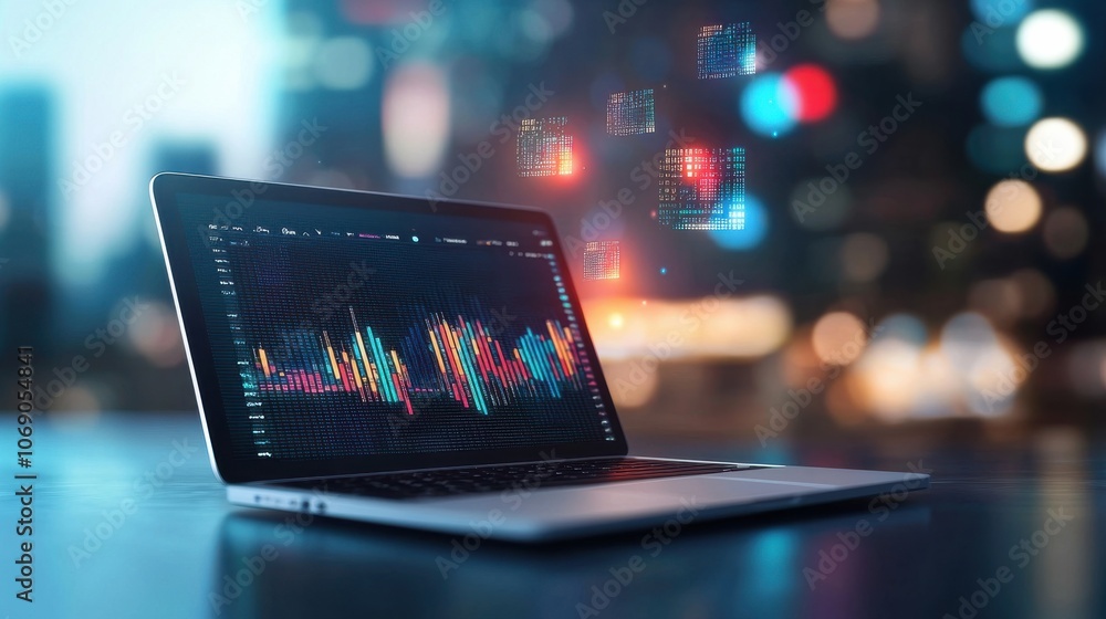 Poster laptop displaying data in a futuristic business setting