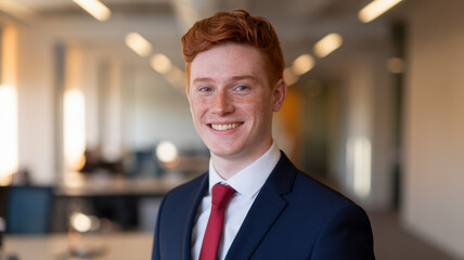Fototapeta premium A smiling Caucasian male with red hair and freckles in a professional suit, exuding confidence in a bright office setting.