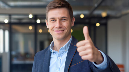 A smiling Caucasian man in a suit gives a thumbs up gesture, radiating confidence in a modern office setting with a welcoming ambiance.