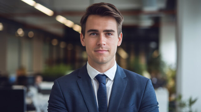 A confident Caucasian man in a suit stands with arms crossed in a modern office, exuding professionalism and determination.