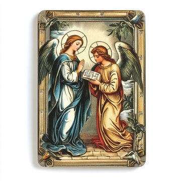 Classic Annunciation prayer card, soft and reverent depiction of Mary and Gabriel, isolated on white background