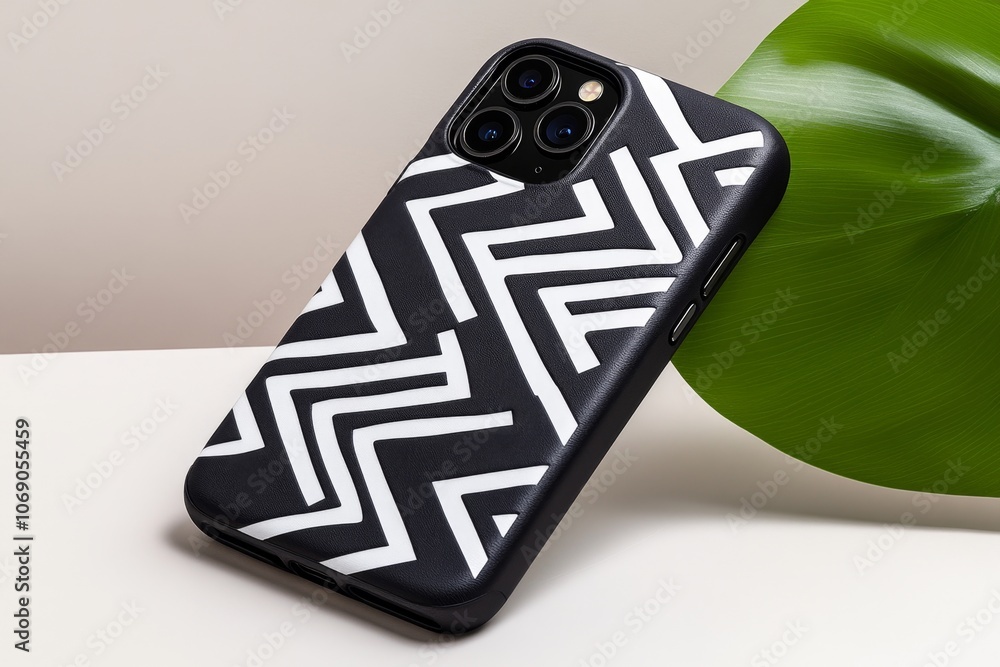 Aufkleber a simple phone case design with monochrome geometric shapes, set against a plain white background fo