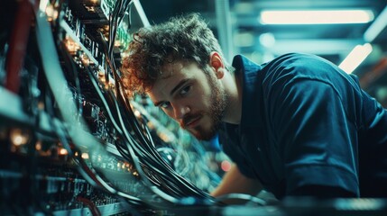 crowded equipment room male system administrator diligently works fix breakdown mass tangled wires showcasing his technical skills and focus.