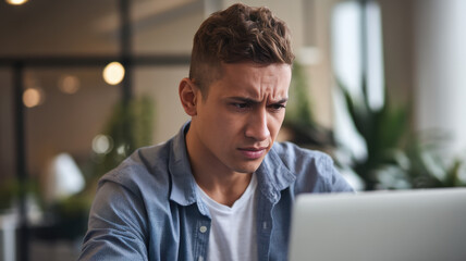 Obraz premium A young Caucasian man with curly hair concentrating intensely while working on a laptop in a modern indoor setting, surrounded by greenery and soft lighting.