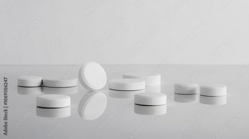 Poster white pills arranged in a row on a reflective surface, creating a minimal and abstract image.