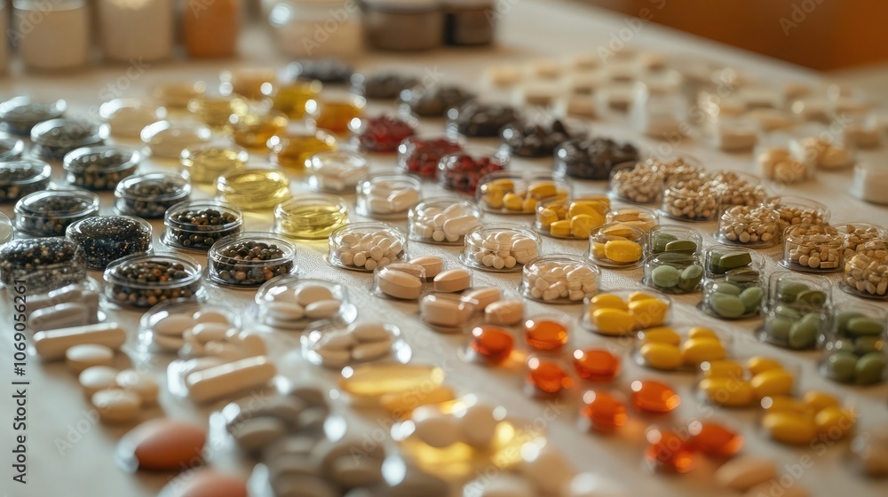 Poster a variety of pills and supplements are displayed in small containers, showcasing a diverse range of 