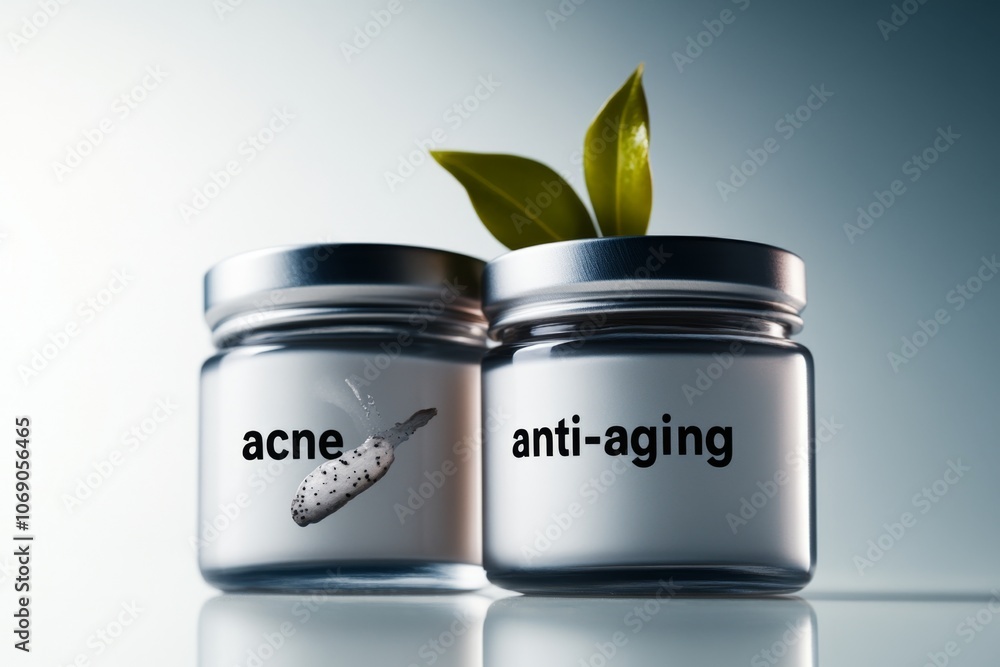 Poster clean graphic of two jars labeled â€œacneâ€ and â€œanti-agingâ€ against a plain background, emphas