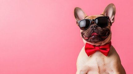 A French Bulldog with a red bow tie and sunglasses looks cool and fashionable against a pink background.