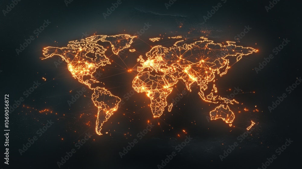 Poster glowing network lines on dark world map