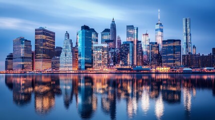 Sunset skyline reflecting on water, showcasing urban architecture and vibrant city life.