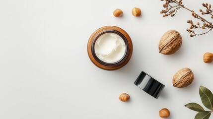 Natural body butter in wooden jar, surrounded by shea butter and nuts, rich and nourishing