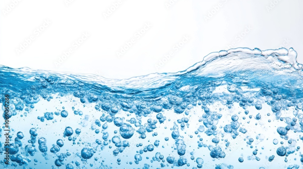 Poster blue water surface with bubbles creating a refreshing wave effect