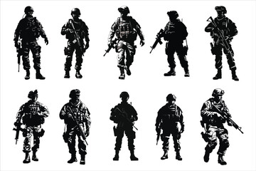 Military Force Soldier With Weapons Silhouette Bundle Set on a White Background