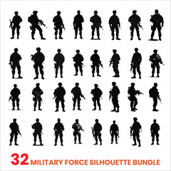 Military Force Soldier With Weapons Silhouette Bundle Set on a White Background