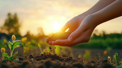 Fototapeta premium Hands Cupping Rich Soil Under Sunrise Glow