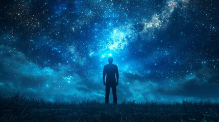 Silhouetted stunning night sky individual gazes upward brilliant stars and swirling galaxies reflecting beauty cosmos serene outdoor setting.