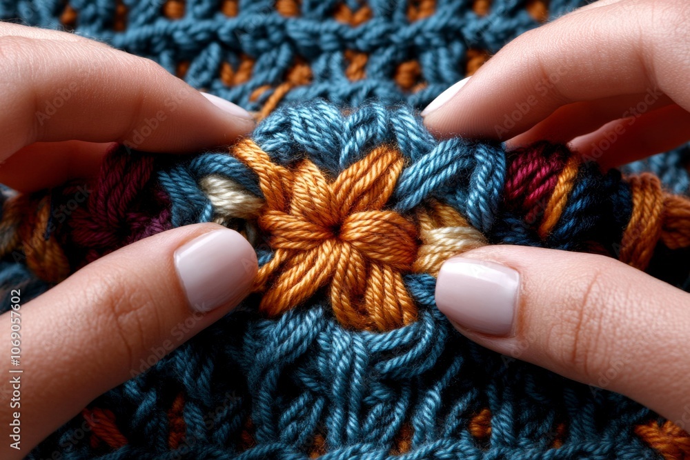 Poster hyper-realistic close-up of hands weaving colorful yarn in a diy knitting project, capturing texture